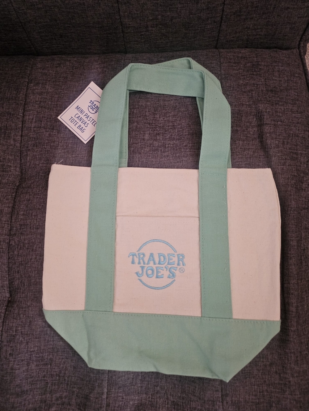 Trader Joe,s Mini Pastel Canvas Tote Bag (Cream & Mint Green)